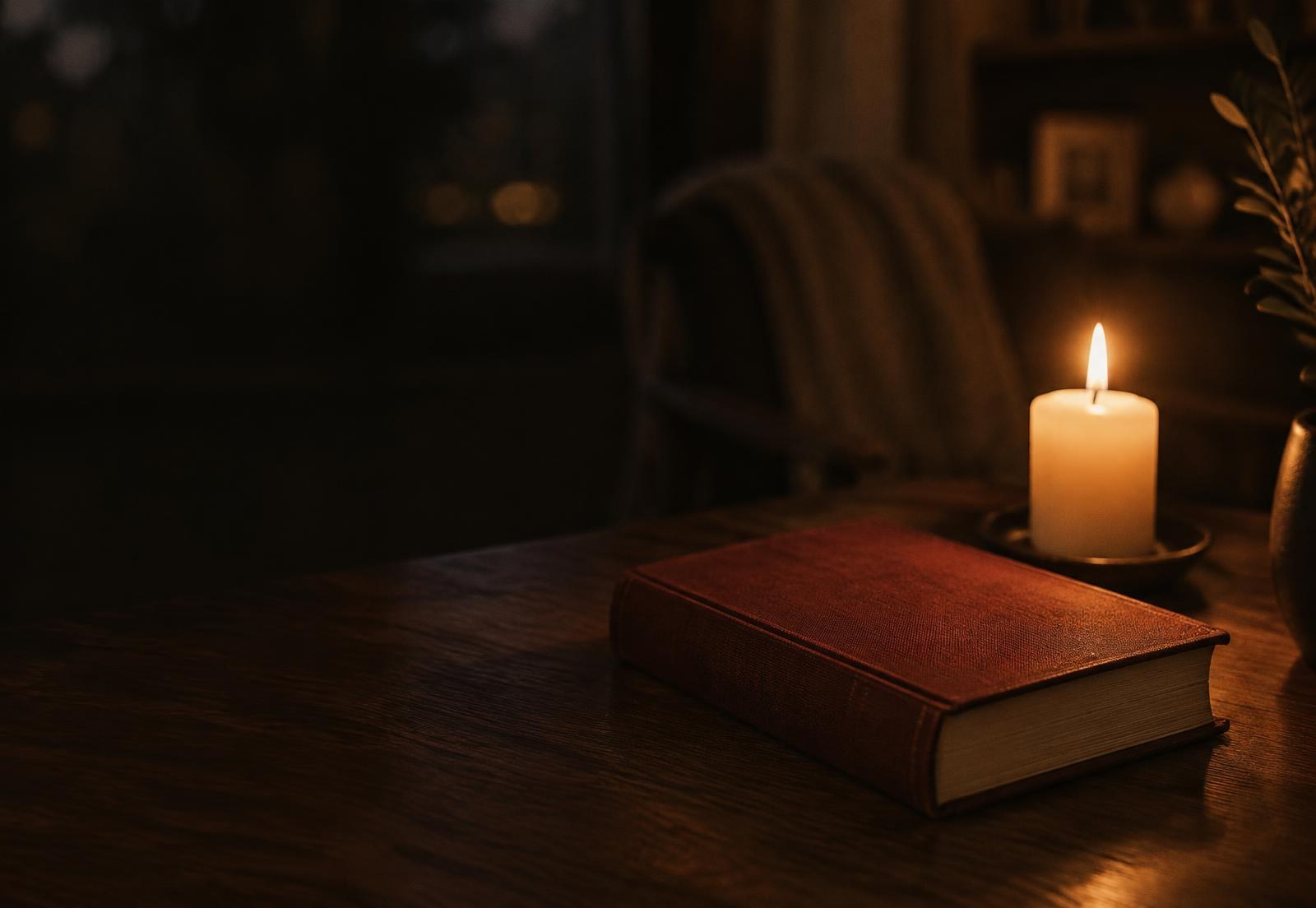 A lit candle beside a book on a wooden table