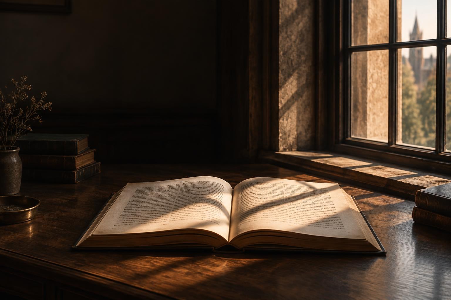 Open book in warm sunlight by a window