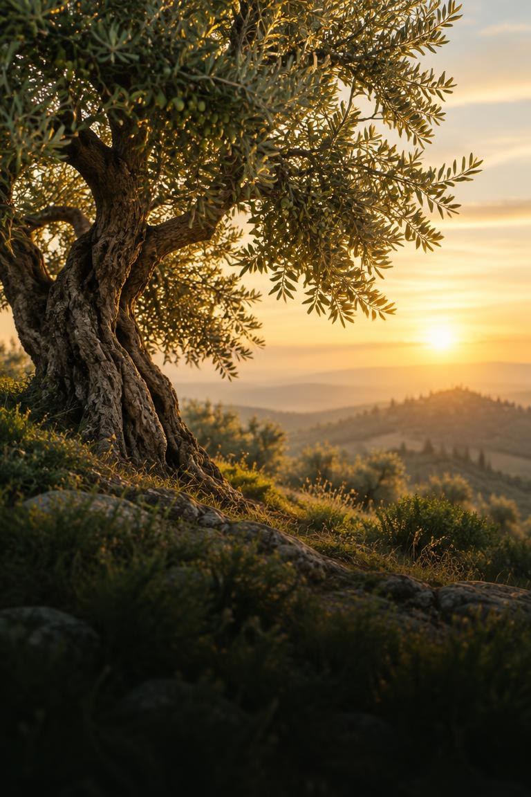 Ancient olive tree illuminated by sunrise