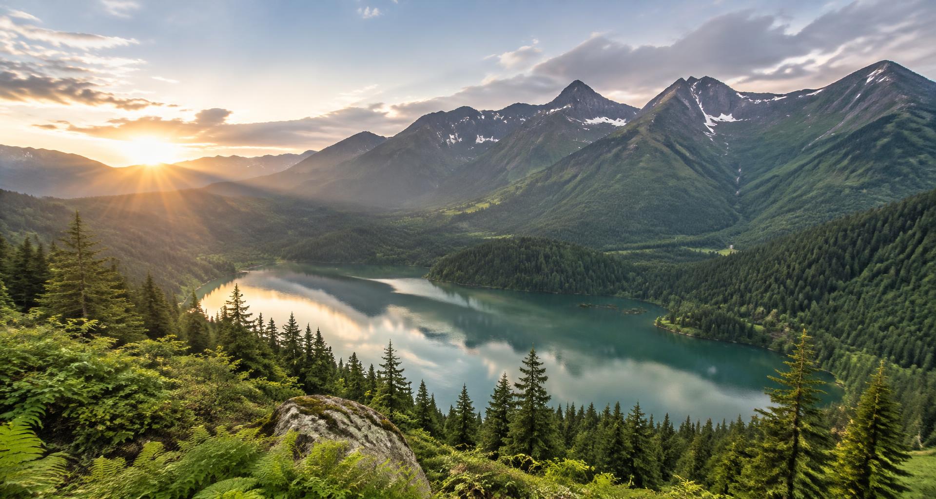 A green mountain landscape reflected in a peaceful lake